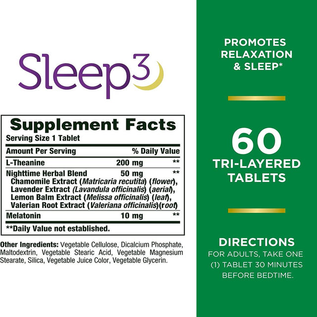 Nature’S Bounty Sleep3 Melatonin 10Mg, Maximum Strength 100% Drug Free Sleep Aid, Dietary Supplement, L-Theanine & Nighttime Herbal Blend Time Release Technology, 60 Tri-Layered Tablets