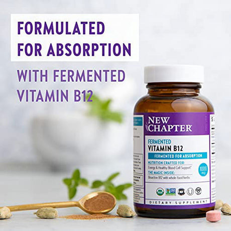 New Chapter Vitamin B12, Fermented Vitamin B12 1,000 Mcg, Organic, ONE Daily with Whole-Food Herbs + Adaptogenic Maca for Natural Energy + Healthy Blood Cells, 100% Vegan, Gluten-Free - 60 Count