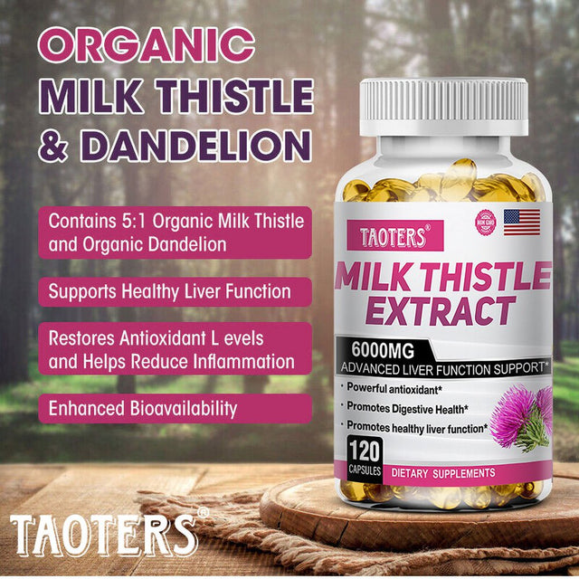 TAOTERS Milk Thistle Extract 6000 Mg Softgels, Advanced Liver Support, with Dandelion and Artichoke...-60Capsules