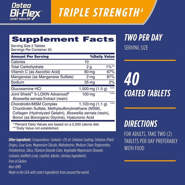 Osteo Bi-Flex Triple Strength(5), Glucosamine Chondroitin with Vitamin C Joint Health Supplement, Coated Tablets, 40 Count