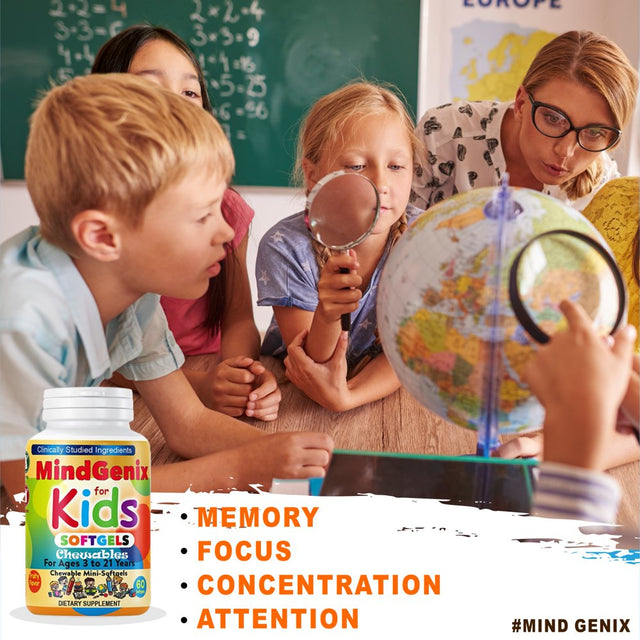 Mindgenix Kids Brain Focus Supplements for Kids & Teens, Kids Omega 3 Brain Booster Nootropic Supplement Focus Softgels 60Ct