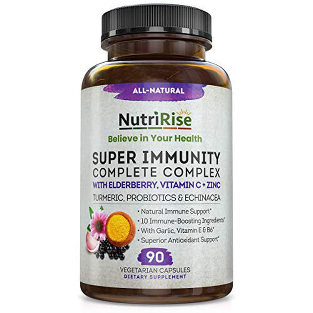 Immunity Complex Immune Support Supplement - 10 Super-Concentrated Ingredients: Vitamin C E B6 Zinc L-Glutamine Elderberry Echinacea Garlic Turmeric Curcumin 7.2 Billion CFU Probiotics for Men & Women