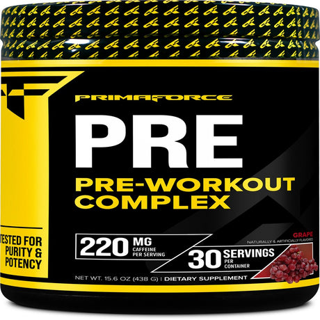 Primaforce Pre Workout Complex Powder (30 Servings) Grape - Fitness Supplement for Training Routine Enhancement, 450G