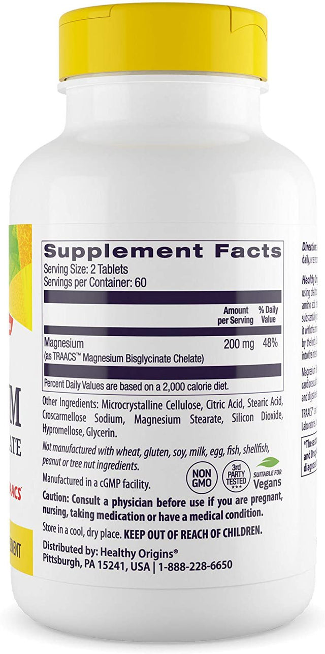 Healthy Origins Magnesium Bisglycinate Chelate (Albion Minerals, Non-Gmo, Gluten Free, Cardiovascular Support, Bone Support, Neurological Support, Vegan), 120 Tablets