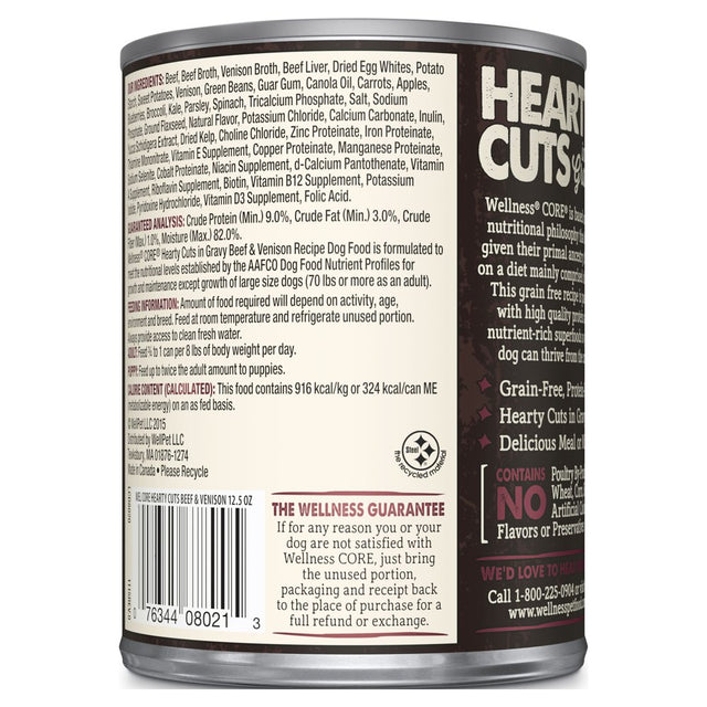 Wellness CORE Hearty Cuts Natural Wet Grain Free Canned Dog Food, Beef & Venison, 12.5-Ounce Can (Pack of 12)