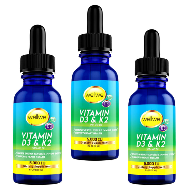 Liquid Vitamin D3 K2 Drops with MCT Oil 5000 IU - Vegan, Unflavored, Soy-Free, Non-Gmo, Energy Levels & Immune System Boost, Heart & Bones Health Support (3 Pack)