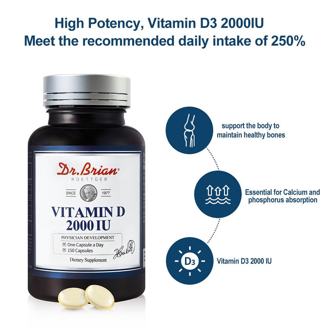 Dr.Brian Vitamin D3 2000IU Softgels 150 Count High Potency Vitamin D Supplement for Immune Support, Healthy Bones and Muscle Function, Improve Absorption and Utilization of Calcium and Phosphorus