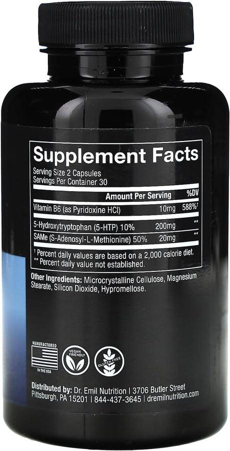 DR EMIL NUTRITION 200 MG 5-HTP plus with Sam-E to Maintain Normal Healthy Sleep and Create a Sense of Wellbeing - 5HTP Supplement with Vitamin B6-60 Vegan Capsules, 30 Servings