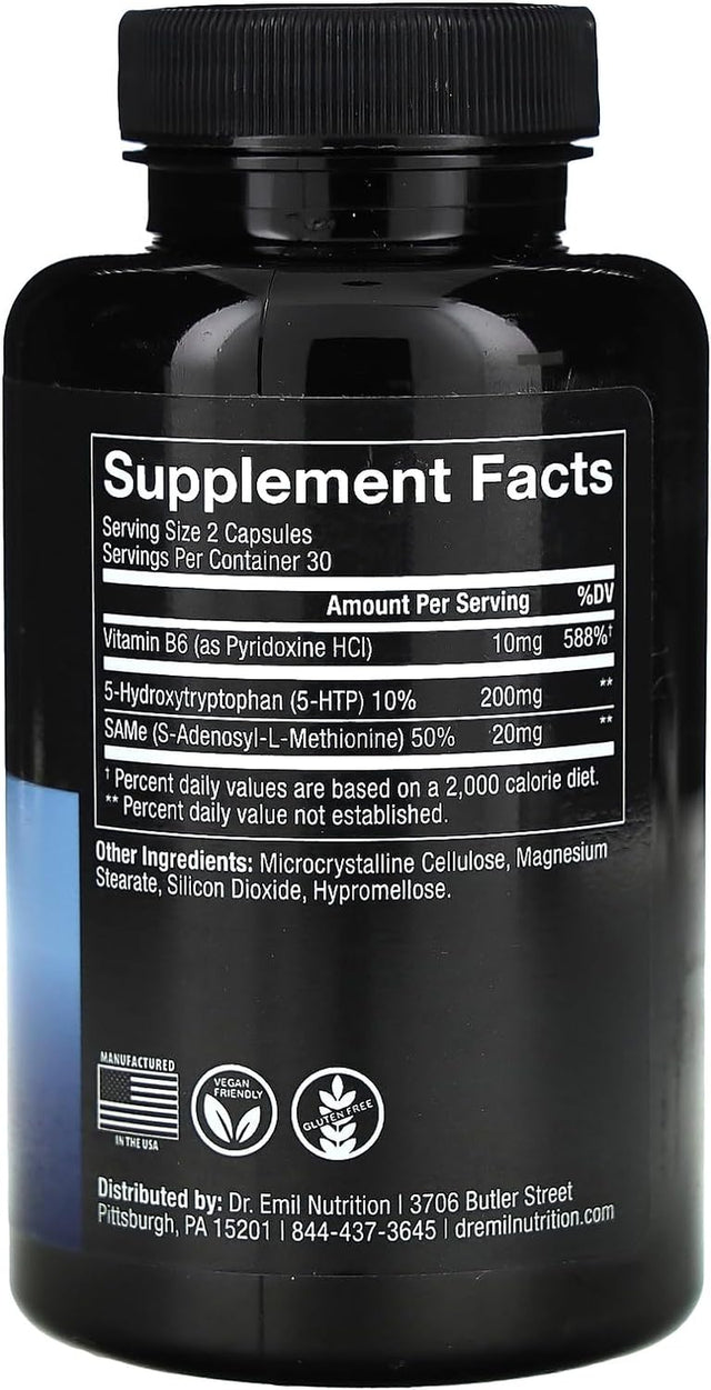 DR EMIL NUTRITION 200 MG 5-HTP plus with Sam-E to Maintain Normal Healthy Sleep and Create a Sense of Wellbeing - 5HTP Supplement with Vitamin B6-60 Vegan Capsules, 30 Servings