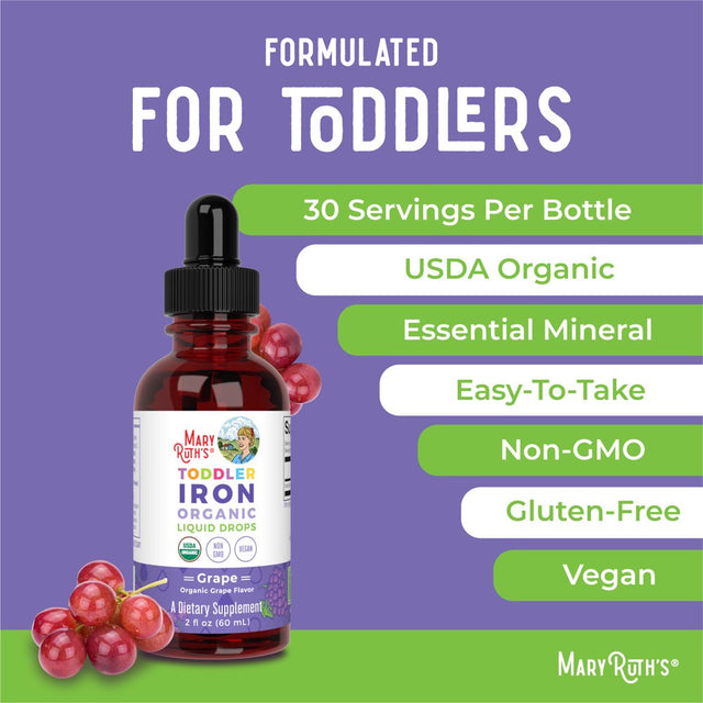 Maryruth'S | USDA Organic Iron Liquid Drops for Children Ages 1-3 | Liquid Iron Supplement | Grape Flavor | Vegan, Non-Gmo | 2 Fl Oz / 60Ml