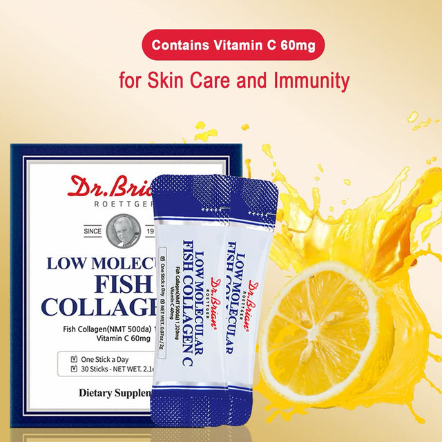 Dr.Brian Collagen Powder plus Vitamin C for Women Contains Low Molecular Fish Marine Collagen 1,320Mg &Vitamin C 600Mg Hydrolyzed Collagen Supplement for Skin anti Aging Nail Hair Joint Care 30 Sticks