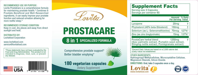 Lovita Prostate Health 8 in 1 Exclusive Prostate Supplements for Men with Saw Palmetto 500Mg, Stinging Nettle, Lycopene, Prevent Hair Loss & Normal Urination Frequency, 180 Veggie Capsules