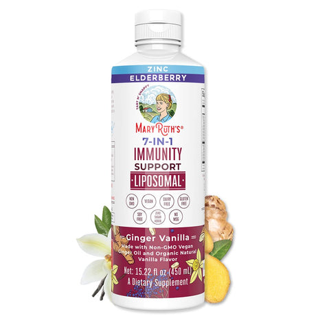 Maryruth Organics | 7-In-1 Immunity Support | Liposomal for Enhanced Absorption | Vitamin C, D3, E, Zinc | Elderberry, Echinacea, Ginger | 15.22 Fl Oz