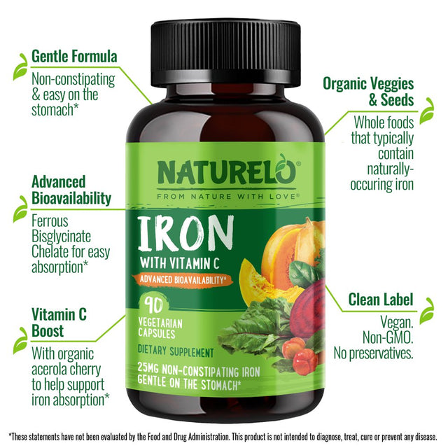 NATURELO Vegan Iron Supplement with Vitamin C and Organic Whole Foods - Gentle Iron Pills for Women & Men W/ Iron Deficiency Including Pregnancy, Anemia and Vegan Diets - 90 Mini Capsules