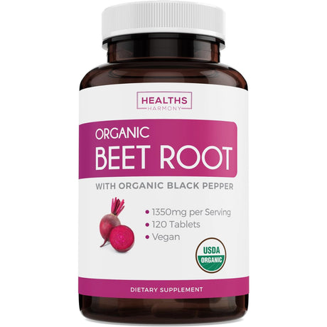 Healths Harmony Organic Beet Root Powder (120 Tablets) 1350Mg Beets per Serving with Black Pepper for Extra Absorption - Nitrate Supplement for Circulation, Heart Health - No Capsules