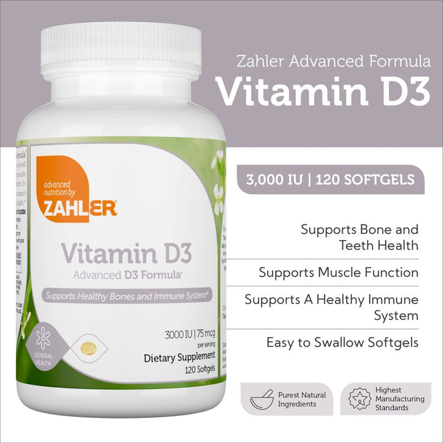 Zahler Vitamin D3IU, Advanced D3 Formula, Supports Healthy Bones and Immune System 75 Mcg (3,000 IU), 120 Softgels