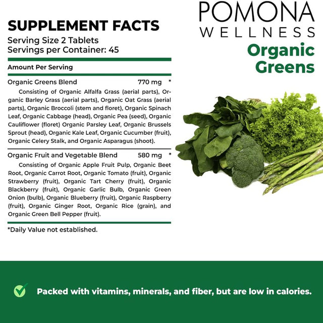 Pomona Wellness Super Greens Supplement, Full of Superfood Vitamins & Minerals, Fruits & Vegetable, Greens Powder for Bloating and Digestion, Gut Health, USDA Organic, Non-Gmo, 120 Tablets 120 Count(Pack of 1)