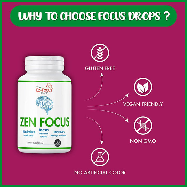 Zen Focus Brain Focus Supplement for Daily Complete Multivitamins for Men & Women, Brain Booster Supplements for Memory Focus & Clarity Nootropic Brain Function Booster 60 Pills