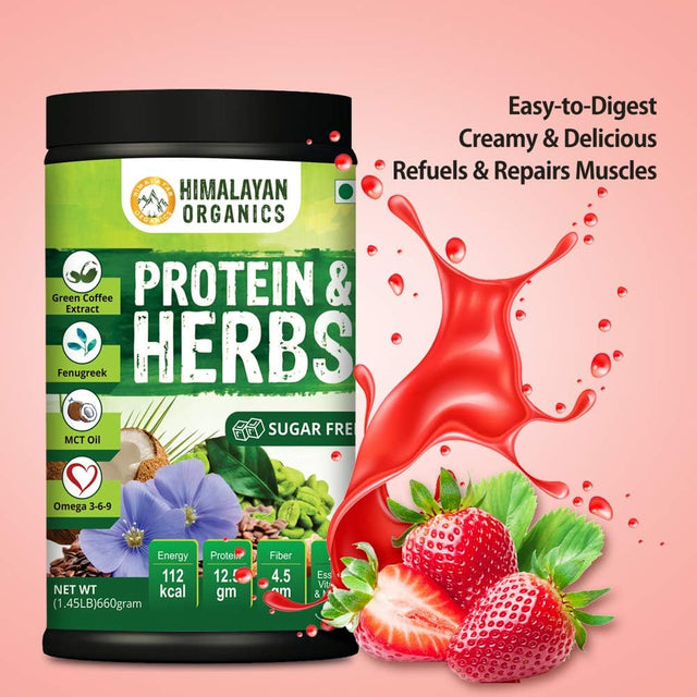 Organics Protein & Herbs, Whey Protein with Green Coffee Beans Extract, Omega 3-6-9, MCT Oil & 27 Essentials Vitamins & Minerals - 20 Servings - 0G Added Sugar (Strawberry)