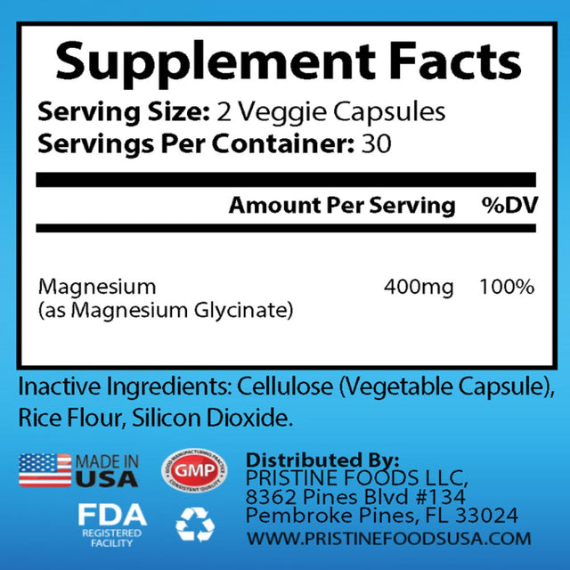 Pristine Foods Magnesium Glycinate 400Mg per Serving - High Absorption Muscle Relaxation, Bone & Joint Support, Chelate Supplement - 60 Ct.