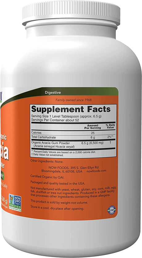 NOW Supplements, Acacia Pure Powder, Certified Organic, Highly Soluble, Mixes Instantly, Intestinal Health*, 12-Ounce (Pack of 2)