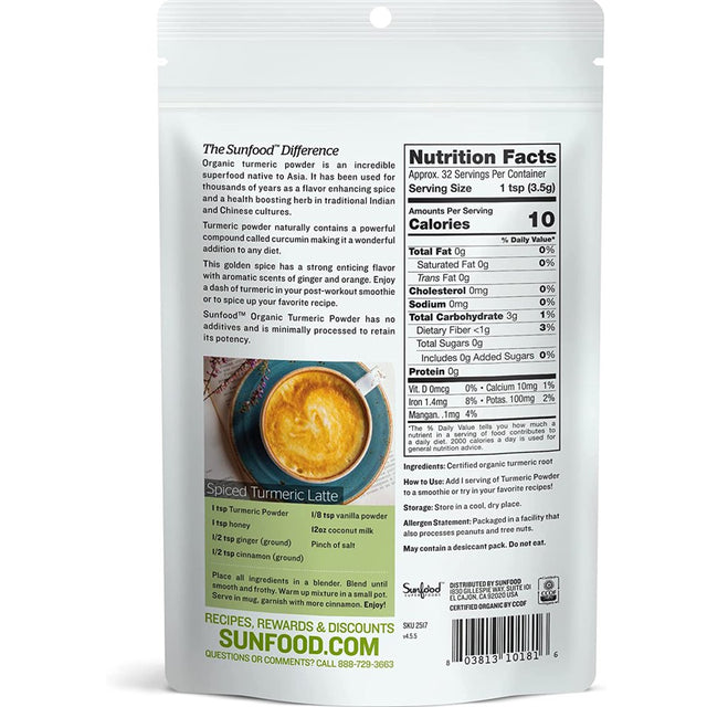 Sunfood Superfoods Organic Turmeric Root Powder Superfood with Curcumin, 4 Oz