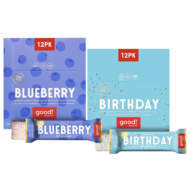 Good! Snacks Vegan Protein Bars Bundle, Blueberry & Birthday Cake (24 Bars) Gluten-Free, Plant Based, Low Sugar, High Protein Meal Replacement, Healthy Snacks for Energy, 15G Protein