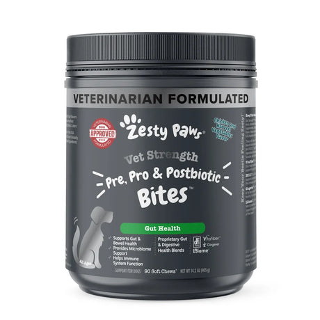 Zesty Paws Gut Health Vet Strength Pre, Pro, & Postbiotic Bites for Dogs, for Gut Flora & Immune Support, Functional Digestive Health Dog Supplement, Chicken & Harvest Vegetables Flavor, 90 Count