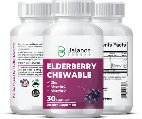 Balance Breens Elderberry Chewable Natural Stevia Vitamins - Stronger Immunity - Vitamin C, Zinc and Vitamin D3