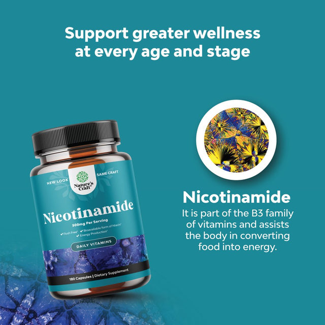 Vitamin B3 Nicotinamide 500Mg Capsules - Mitochondrial Energy and anti Aging Skin Supplement - AKA Vitamin B3 Niacin 500Mg Flush Free and Niacinamide 500Mg - Flush Free Niacin Supplement - 180 Count