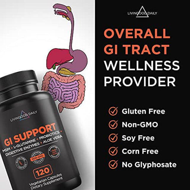 Livingood Daily GI Support - Leaky Gut Repair Supplements - 1000Mg L Glutamine with MSM, Probiotics, Digestive Enzymes, Ox Bile, and Slippery Elm - Gut Health Supplements for Women & Men, 120 Capsules