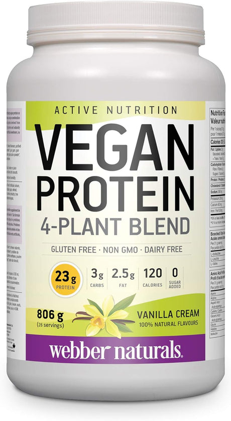 Webber Naturals Vegan Protein Powder, 4-Plant Blend, Vanilla Cream Flavour, 26 Servings, 23 G of Protein, 806 G