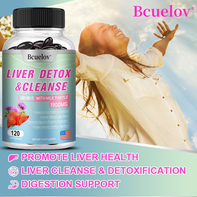 Bcuelov 28-In-1 Liver Cleanse Detox & Repair Fatty Liver Formula - Milk Thistle, Artichoke Extract, Dandelion & Apple Cider Vinegar - Liver Health Supplement Support Capsules