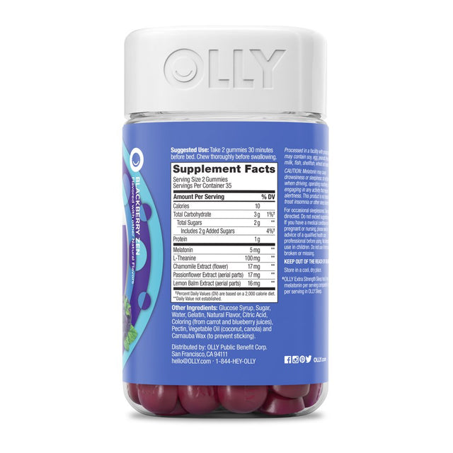 OLLY Extra Strength Sleep Gummy Supplement, 5Mg Melatonin, L Theanine, Blackberry, 70 Ct