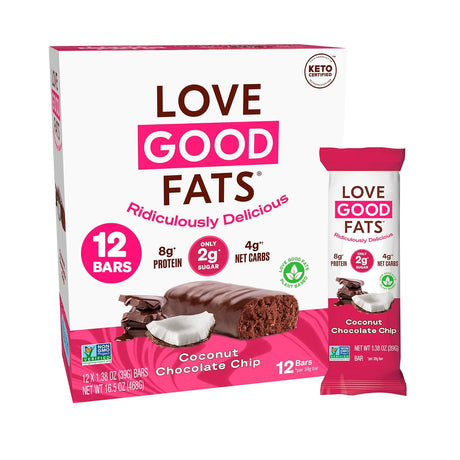 Love Good Fats Keto Bars, Truffle Coconut Chocolate Chip - Plant-Based Protein Snack, Low Carb, Low Sugar, Gluten Free, Non GMO, 12 Pack