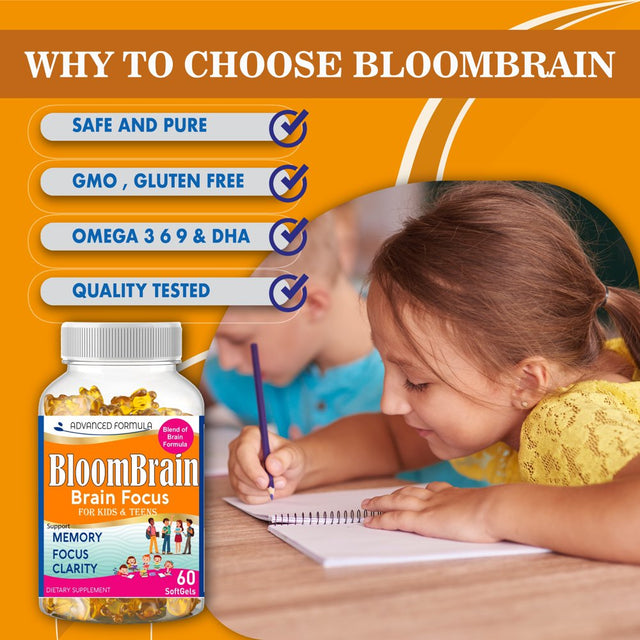 Bloombrain Brain Vitamins for Kids, Memory Booster for Kids Brain with Omega 3 6 9, Brain Vitamins EPA DHA Supplements- 60 Softgels Vitamins America'S Best Deals