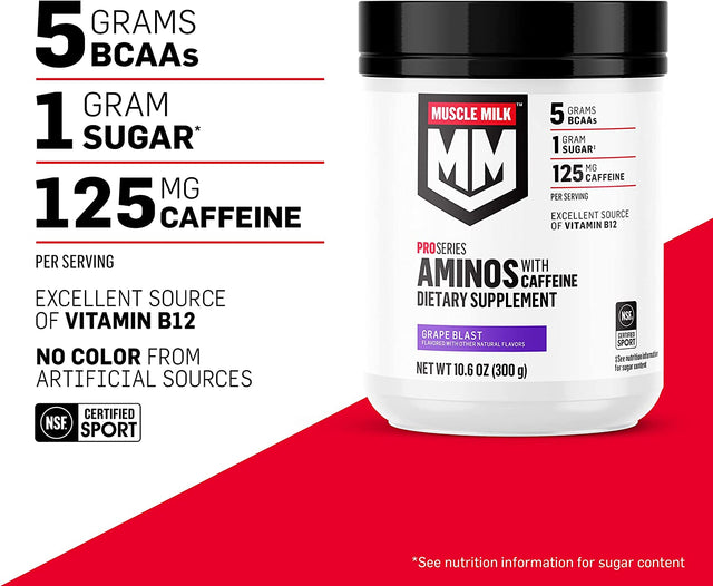 Muscle Milk Pro Series Aminos with Caffeine Powder Supplement, Grape Blast, 10.6 Ounces, 25 Servings, 5G Bcaas, 125Mg Caffeine, 1G Sugar, Vitamin B12, NSF Certified for Sport, Packaging May Vary