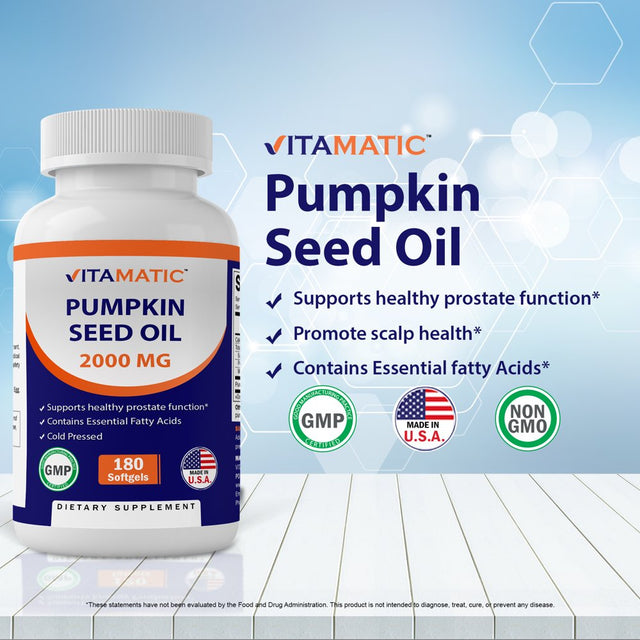 2 Pack - Vitamatic Pumpkin Seed Oil 2000Mg Softgel Capsules per Serving - 180 Softgels - (1000 Mg per Softgels) (Total 360 Softgels)