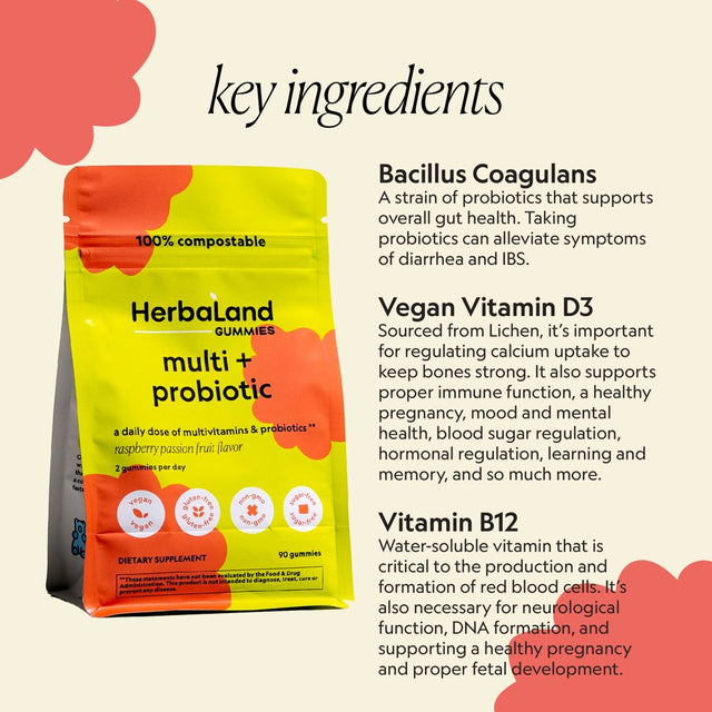 Herbaland - Multivitamin & Probiotic Gummies for Adults - Vegan Vitamin Supplement, Raspberry Passion Fruit Flavor