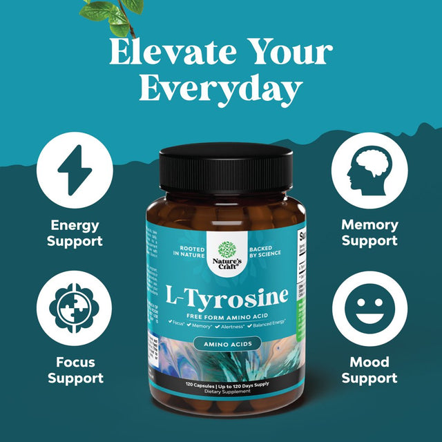 Potent L Tyrosine 500Mg per Serving Capsules - Amino Acid Nutritional Supplement for Brain Health Thyroid Support - L-Tyrosine 500Mg per Serving Brain Supplement for Memory and Focus Support