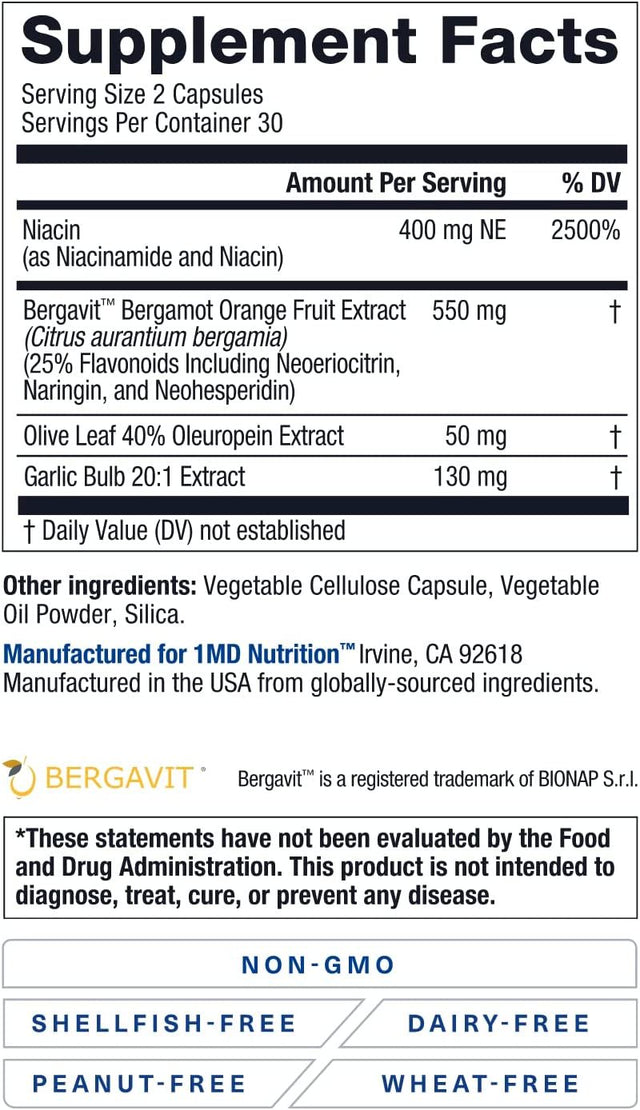 1MD Cholestmd - Support Healthy Cholesterol Levels, Promote Heart Health | with Olive Leaf Extract, Bergavit, Niacin, Garlic | 60 Capsules