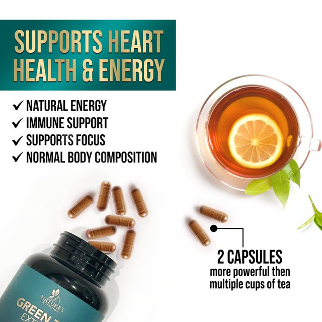 Nature'S Green Tea Extract Pills 98% Standardized EGCG 1000Mg - 3X Strength for Natural Energy & Supports Heart Antioxidant Health - Herbal Supplement with Polyphenols, Vegan, Non-Gmo - 120 Capsules