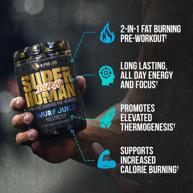 ALPHA LION Superhuman Burn 2-In-1 Metabolism Booster Pre Workout, Weight Loss Supplement, Appetite Suppressant, Fat Loss Support, Energy & Focus Powder (21 Servings, Blue Gummy Bear Flavor)