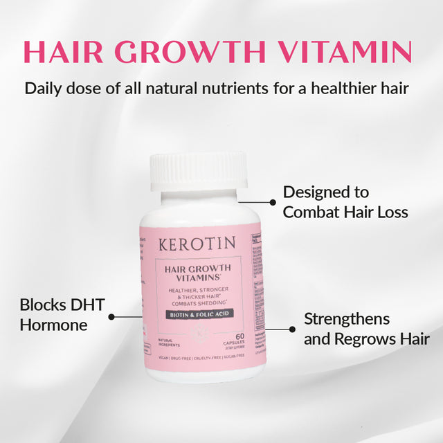 Kerotin Hair Growth Vitamins for Natural Longer, Stronger, Healthier Hair - Hair Loss Supplement Enriched with Biotin, Folic Acid, Saw Palmetto - Hair Vitamins to Grow Thick Hair - 60 Pills (1)