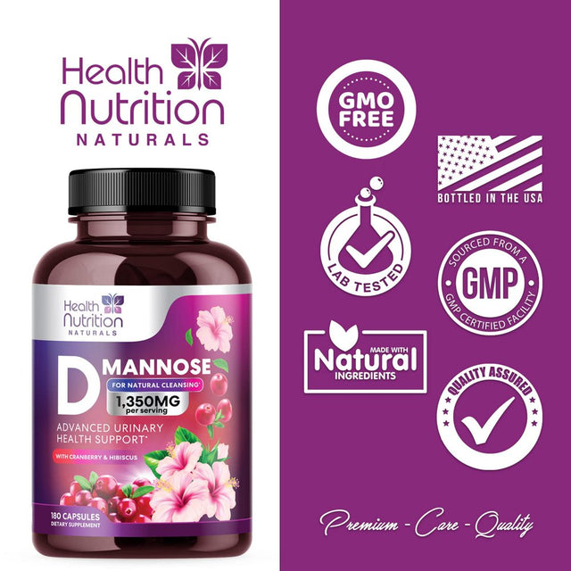 D-Mannose & Cranberry Extract 1350Mg, Fast-Acting to Support Natural Urinary Tract Health for Women & Men, Non-Gmo & Vegan, Flush Impurities in Urinary Tract & Bladder - 180 Capsules