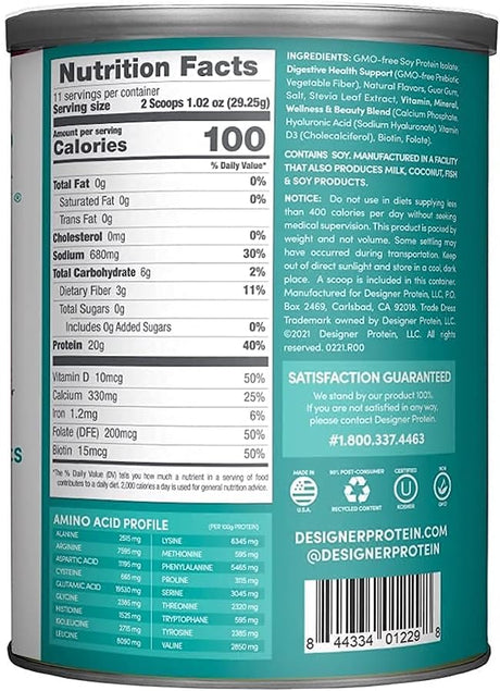 Designer Wellness, Soy Isolate Protein Powder with Biotin, Hyaluronic Acid and Prebiotics, Vegan, Zero Sugar, Non-Gmo, Angel Cake Natural Vanilla Flavor, 11.4 Ounces