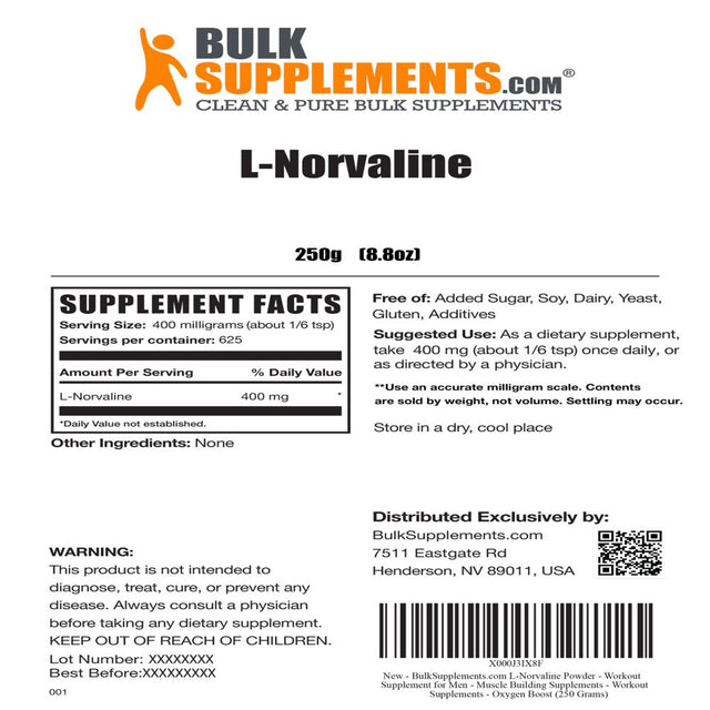 Bulksupplements.Com L-Norvaline Powder - Workout Supplement for Men - Muscle Building Supplements - Workout Supplements - Oxygen Boost (250 Grams)