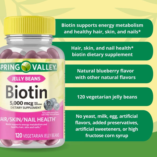 Spring Valley Biotin, 5,000 Mcg Vegetarian Jelly Beans Supplement, 120 Count