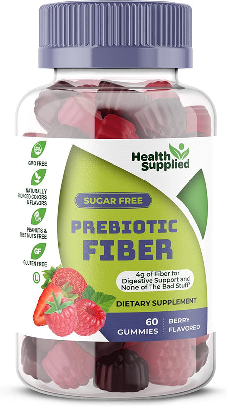 Health Supplied Fiber Prebiotic Gummies Sugar Free Keto Diet | Gut Cleansing, Digestive Support, Constipation Relief | Natural Berry Flavor