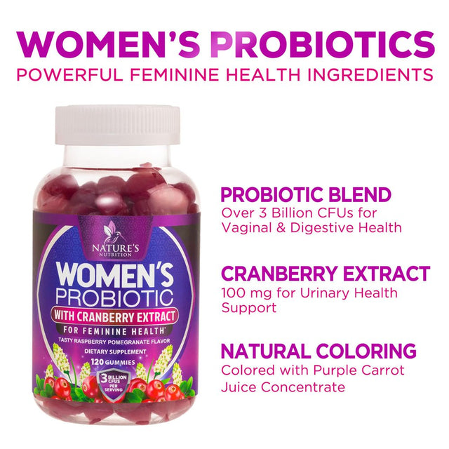 Probiotics for Women Gummy with Cranberry, 3 Billion CFU Guaranteed with 6 Diverse Strains, Womens Probiotic Gummies for Digestive, Vaginal Ph, Urinary & Immune Health Support, Non-Gmo - 120 Gummies